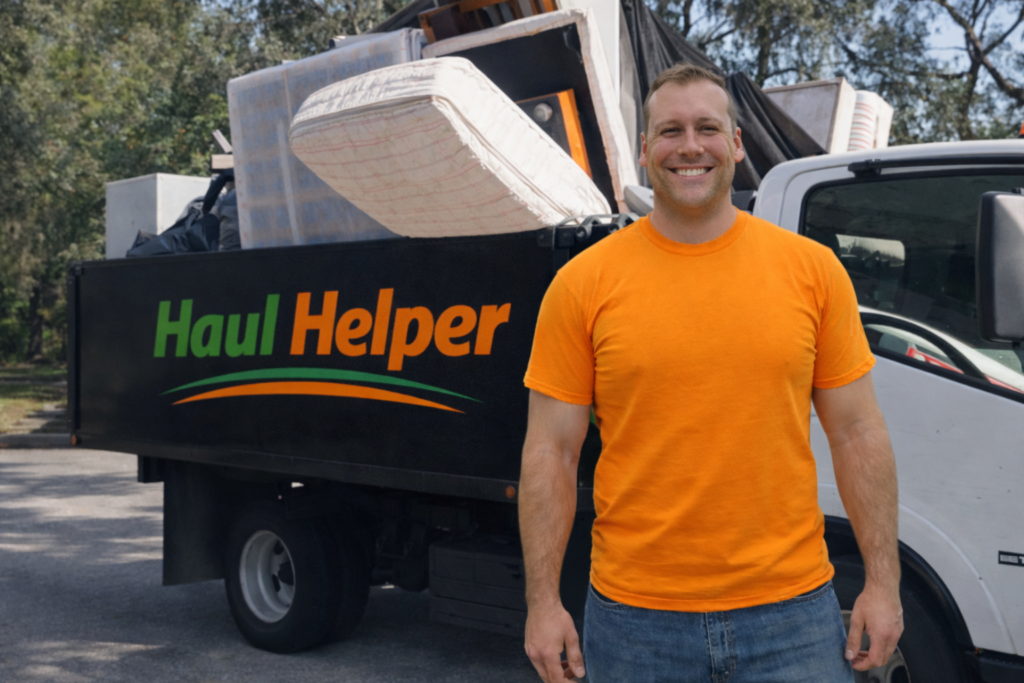 Isaac standing in front of truck full of junk